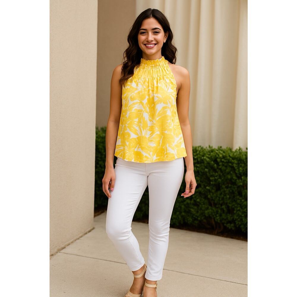 Nine West Yellow Floral Ruffle‎ Blouse | Medium | Cottagecore Boho Chic